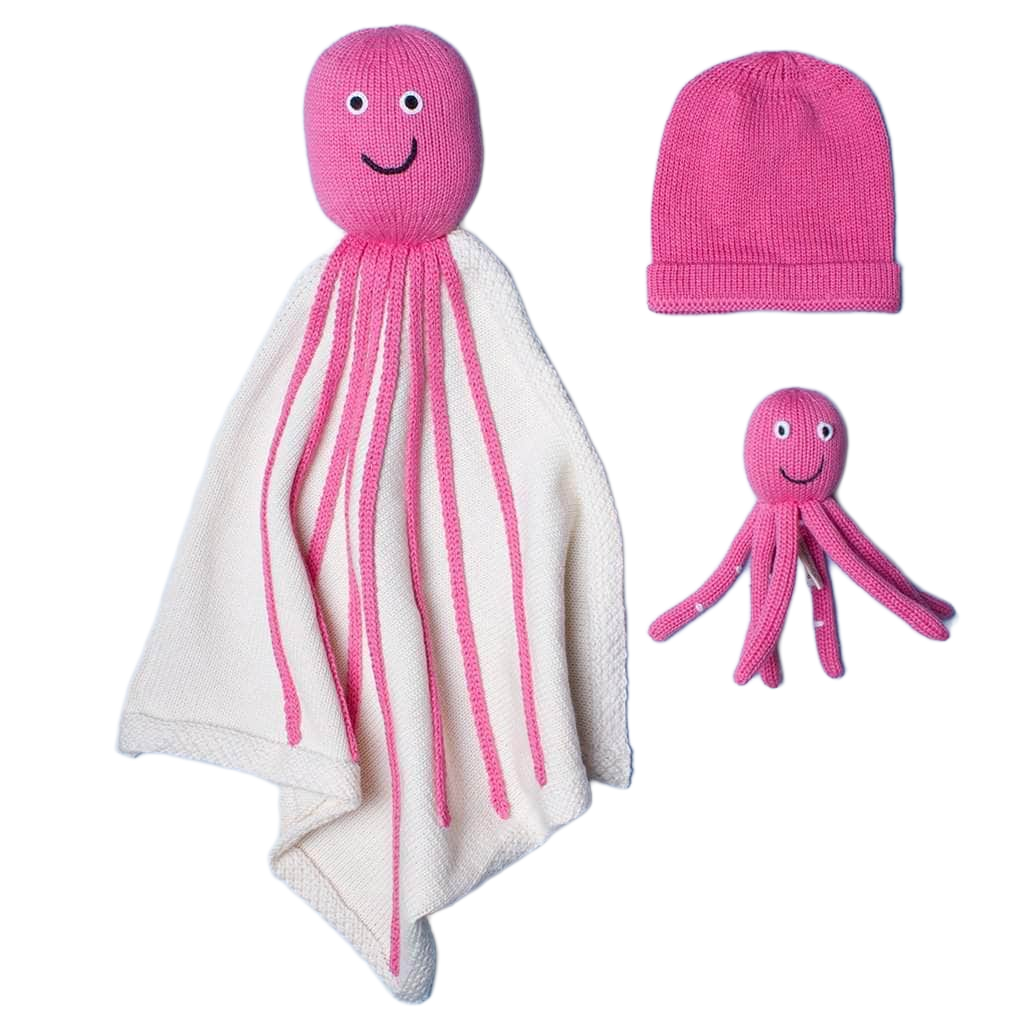 Organic Baby Gift Sets - Newborn Lovey Blanket, Rattle Toy & Hat | Octopus by Estella - Sumiye Co
