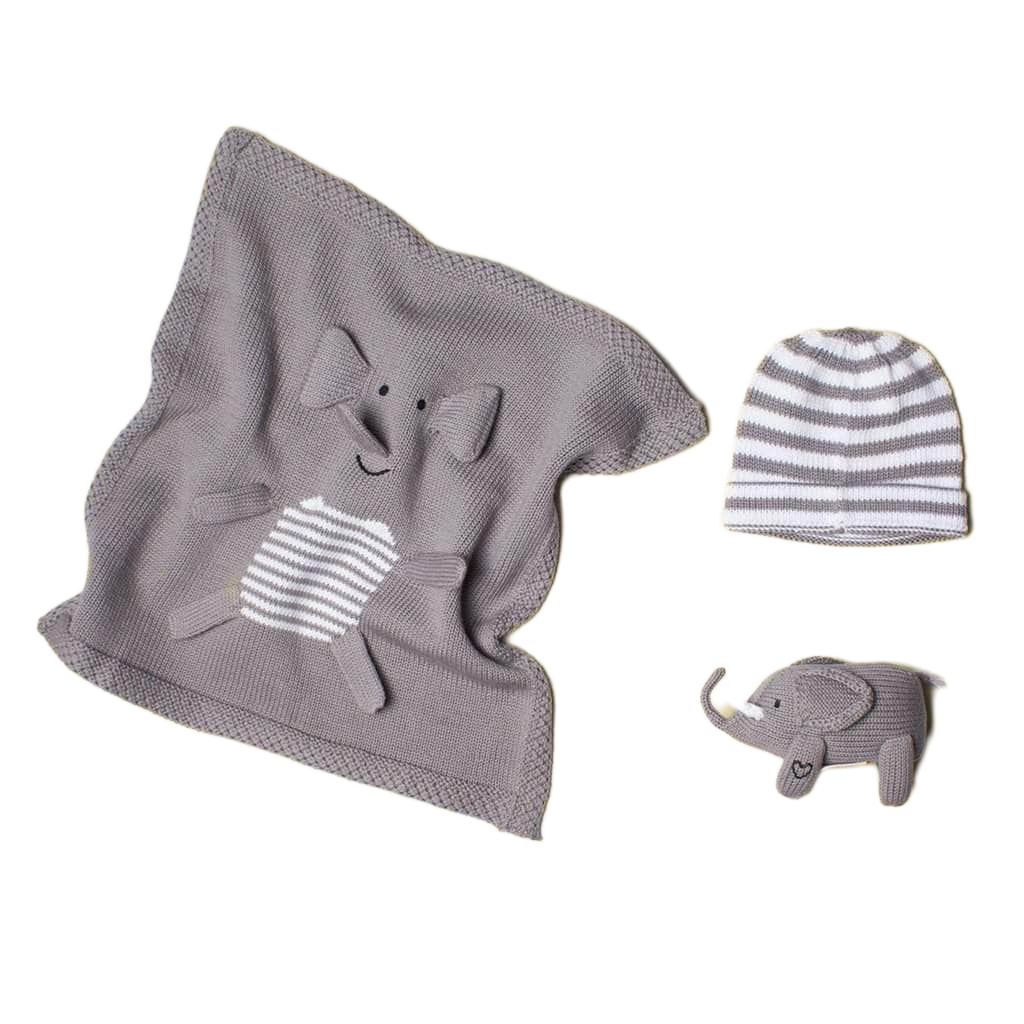 Organic Baby Gift Set - Newborn Rattle, Lovey Blanket & Hat | Elephant by Estella - Sumiye Co