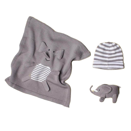Organic Baby Gift Set - Newborn Rattle, Lovey Blanket & Hat | Elephant by Estella