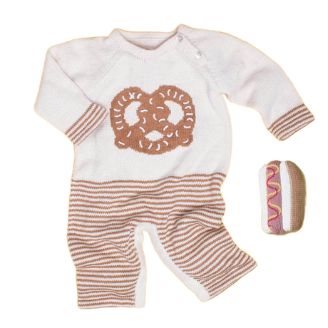 Organic Baby Gift Sets, Handmade Romper with Pretzel Graphic & Hot Dog Rattle Toy - Sumiye Co