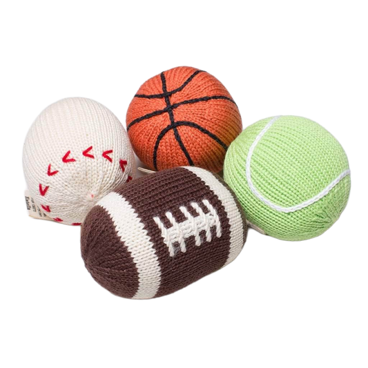 Organic Baby Ball Toy Set | Rattles - Football, Baseball, Basketball & Tennis