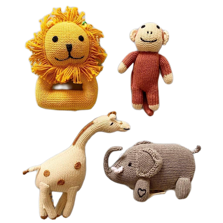 Organic Baby Gift Set | Lion, Elephant, Giraffe & Monkey Rattles by Estella - Sumiye Co