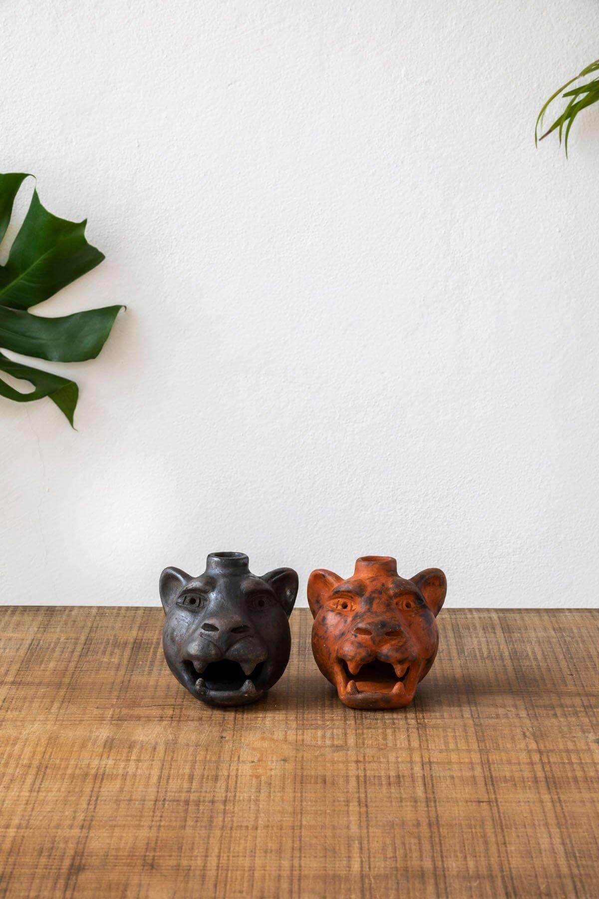 Jaguar Head Clay Candle Holder | Smoked Brick by Wool+Clay