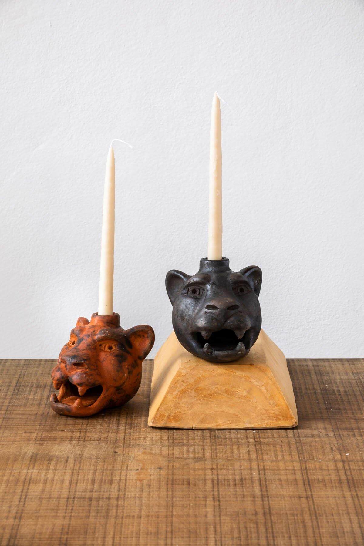 Jaguar Head Clay Candle Holder | Smoked Brick by Wool+Clay