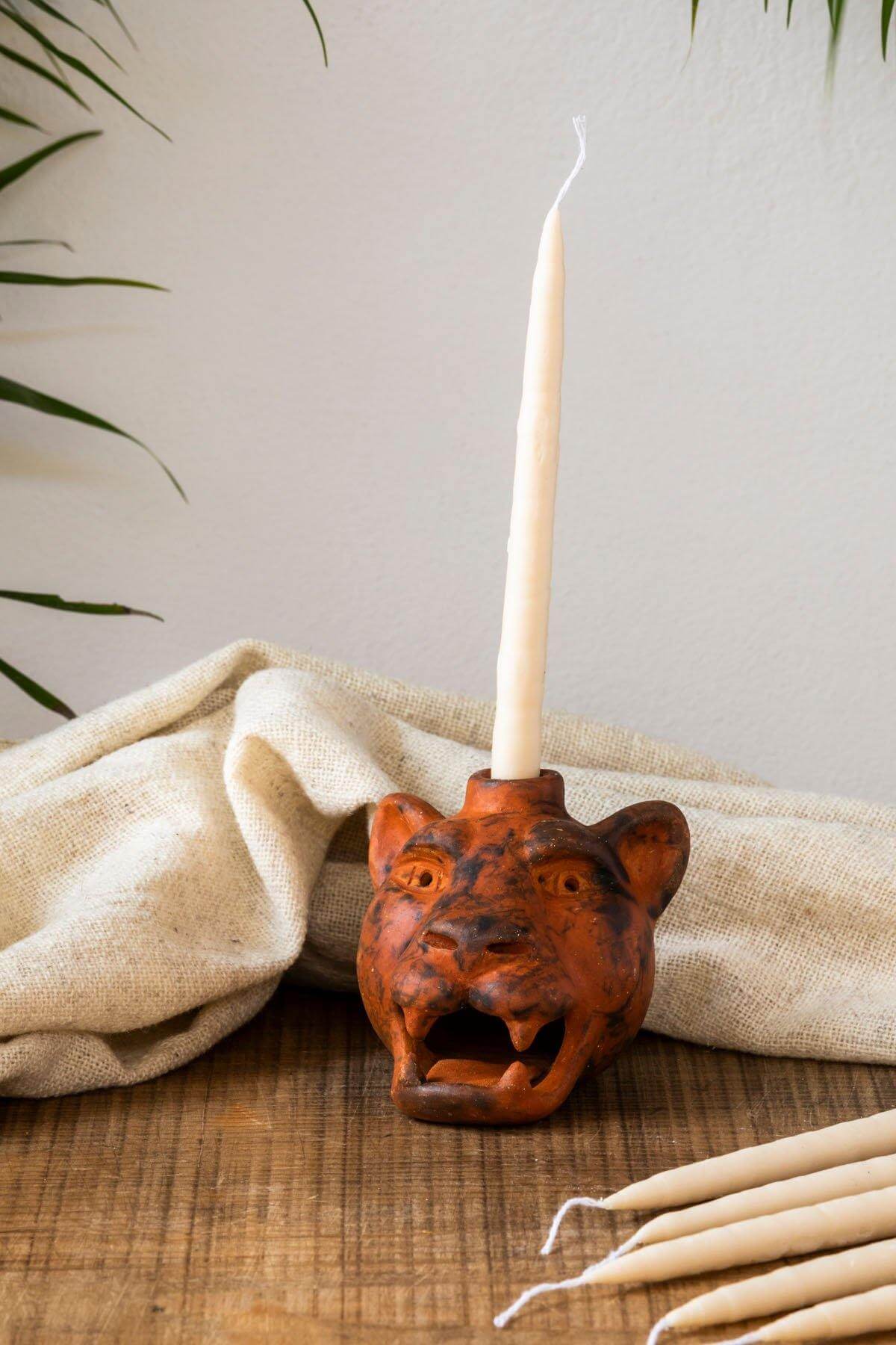 Jaguar Head Clay Candle Holder | Smoked Brick by Wool+Clay