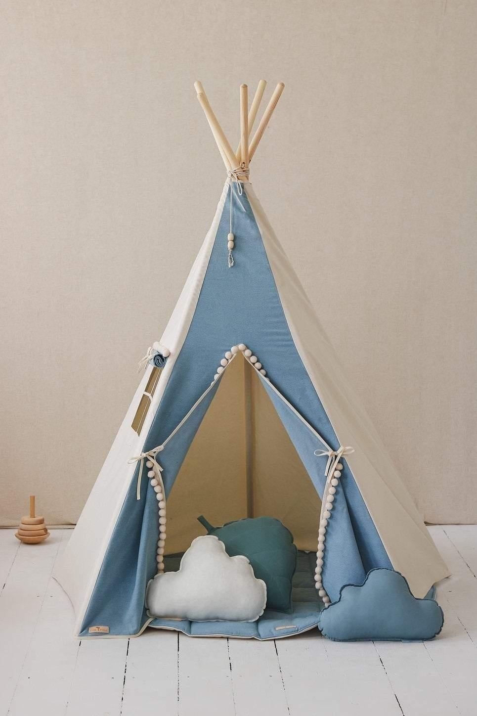 Teepee Tent “Jeans” with Pompoms + Round Mat Set - Sumiye Co