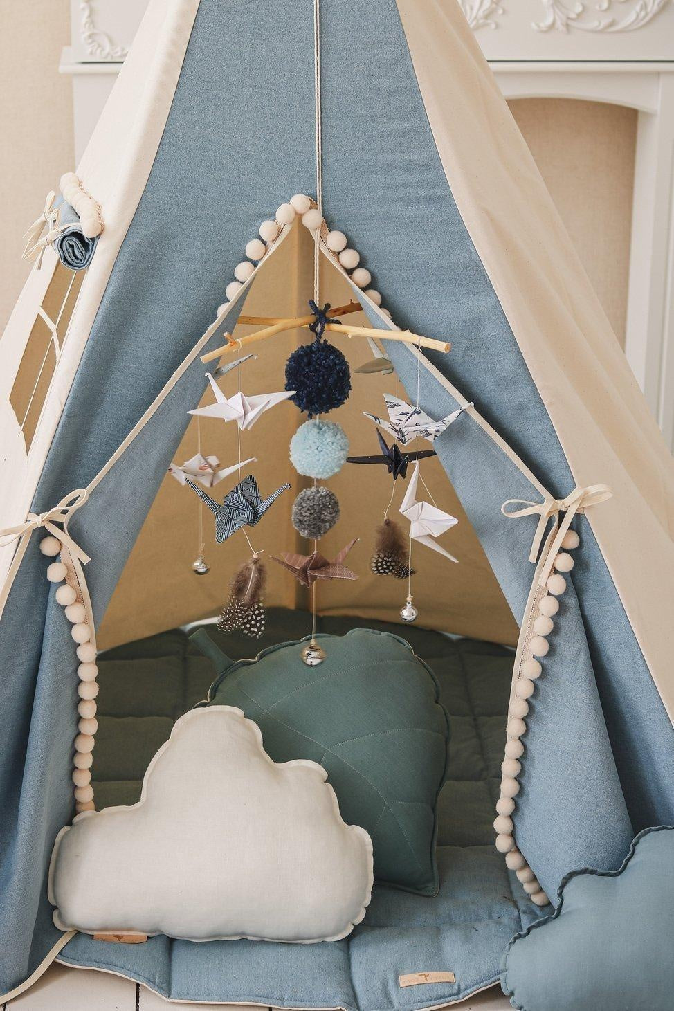 Teepee Tent “Jeans” with Pompoms + Round Mat Set - Sumiye Co