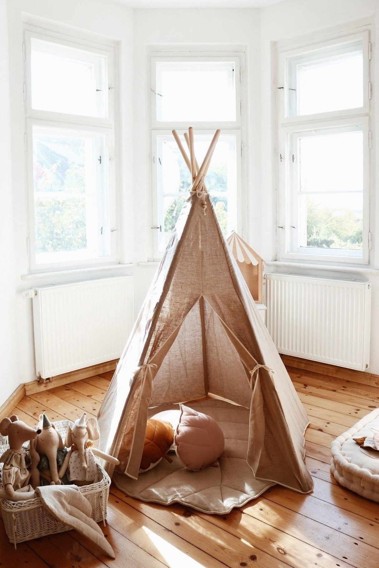 Teepee Tent “Natural Linen” + "White and Grey" Leaf Mat Set - Sumiye Co