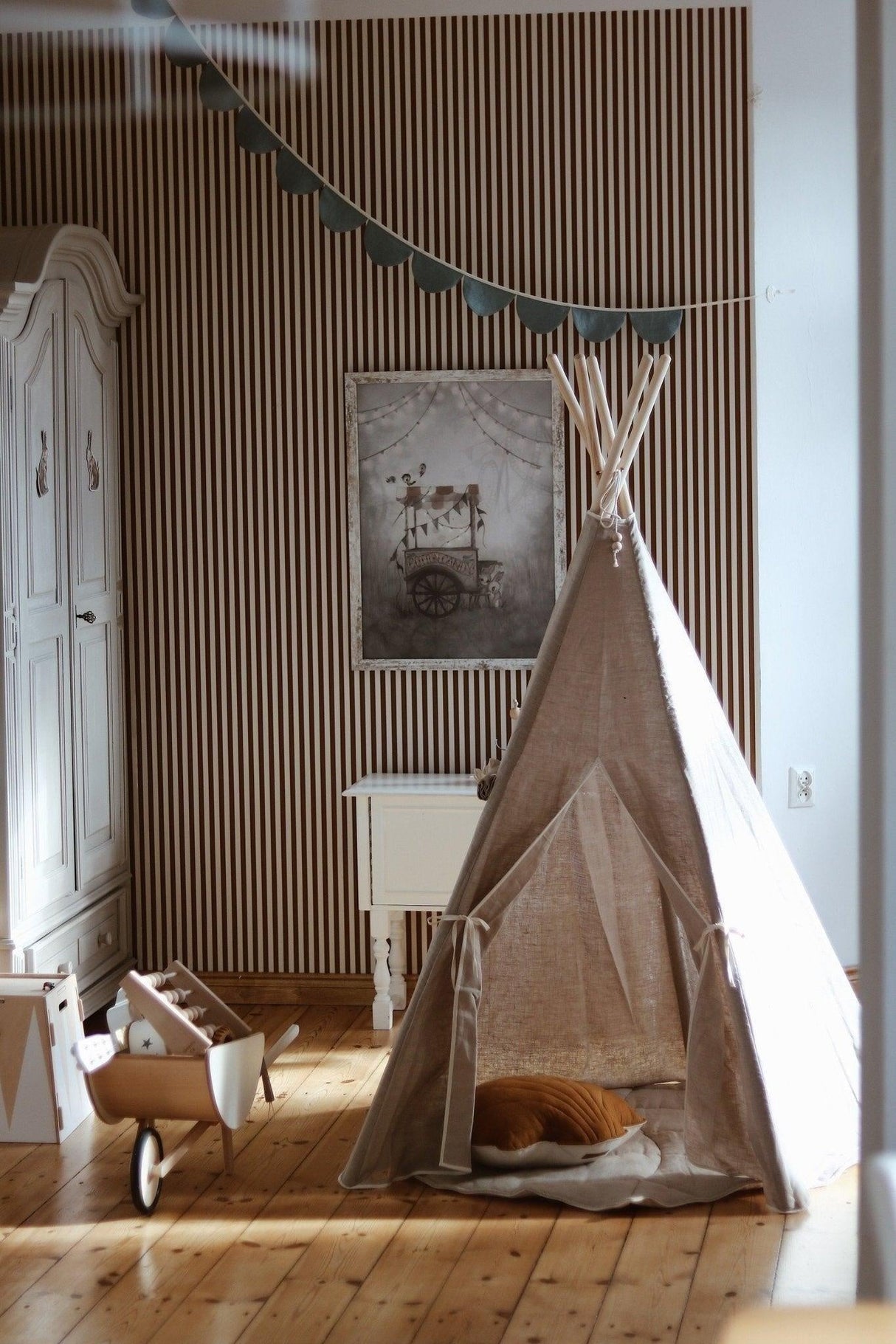 Teepee Tent “Natural Linen” + "White and Grey" Leaf Mat Set - Sumiye Co