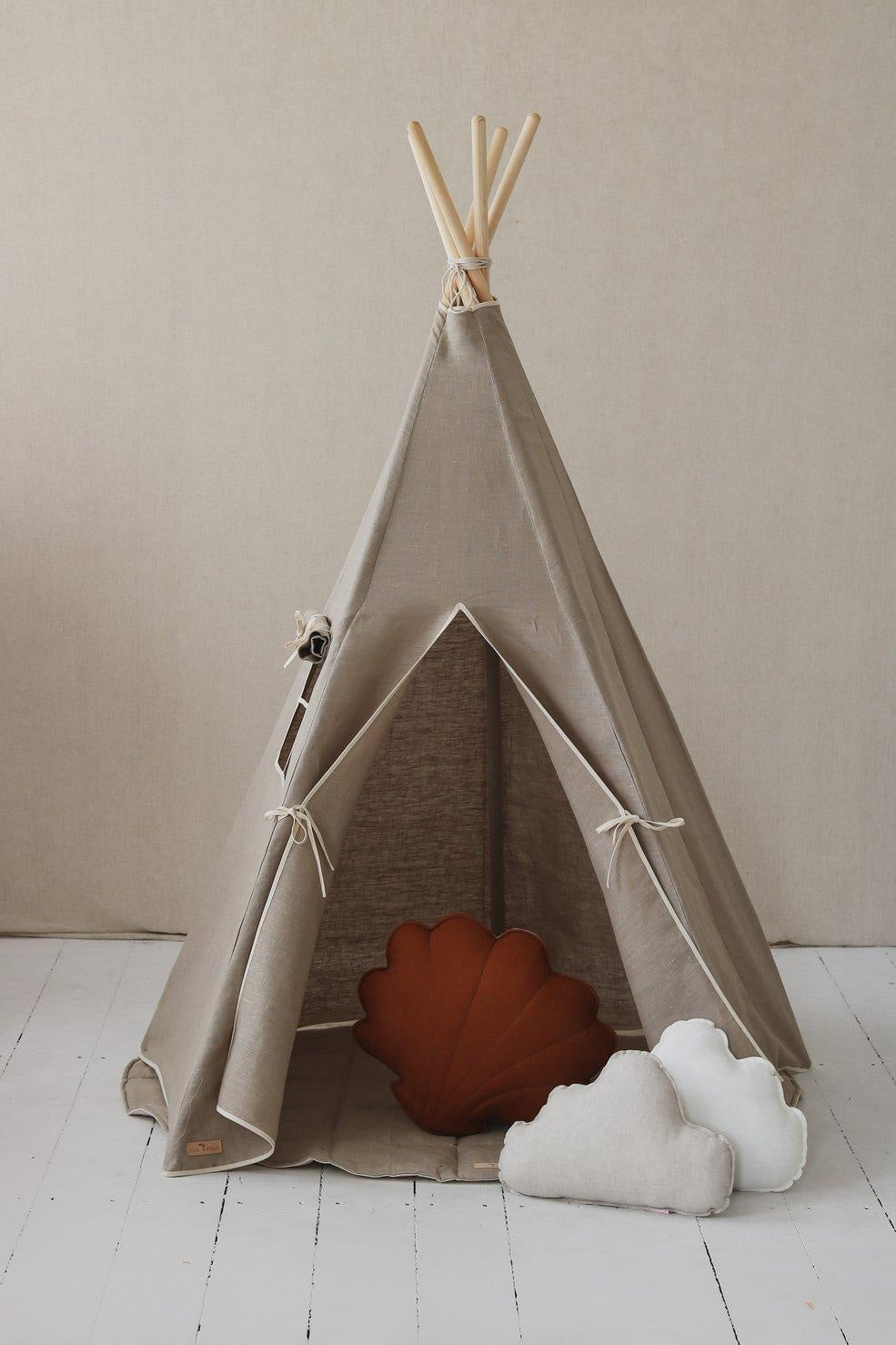 Teepee Tent “Natural Linen” + "White and Grey" Leaf Mat Set - Sumiye Co