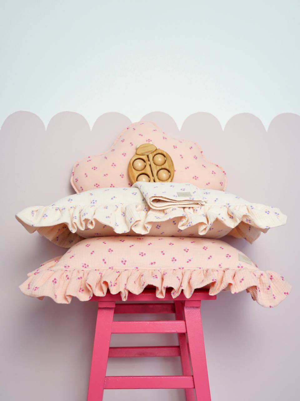 Pillow with Frill "Pink forget-me-not" Muslin | Kids Room & Nursery Decor