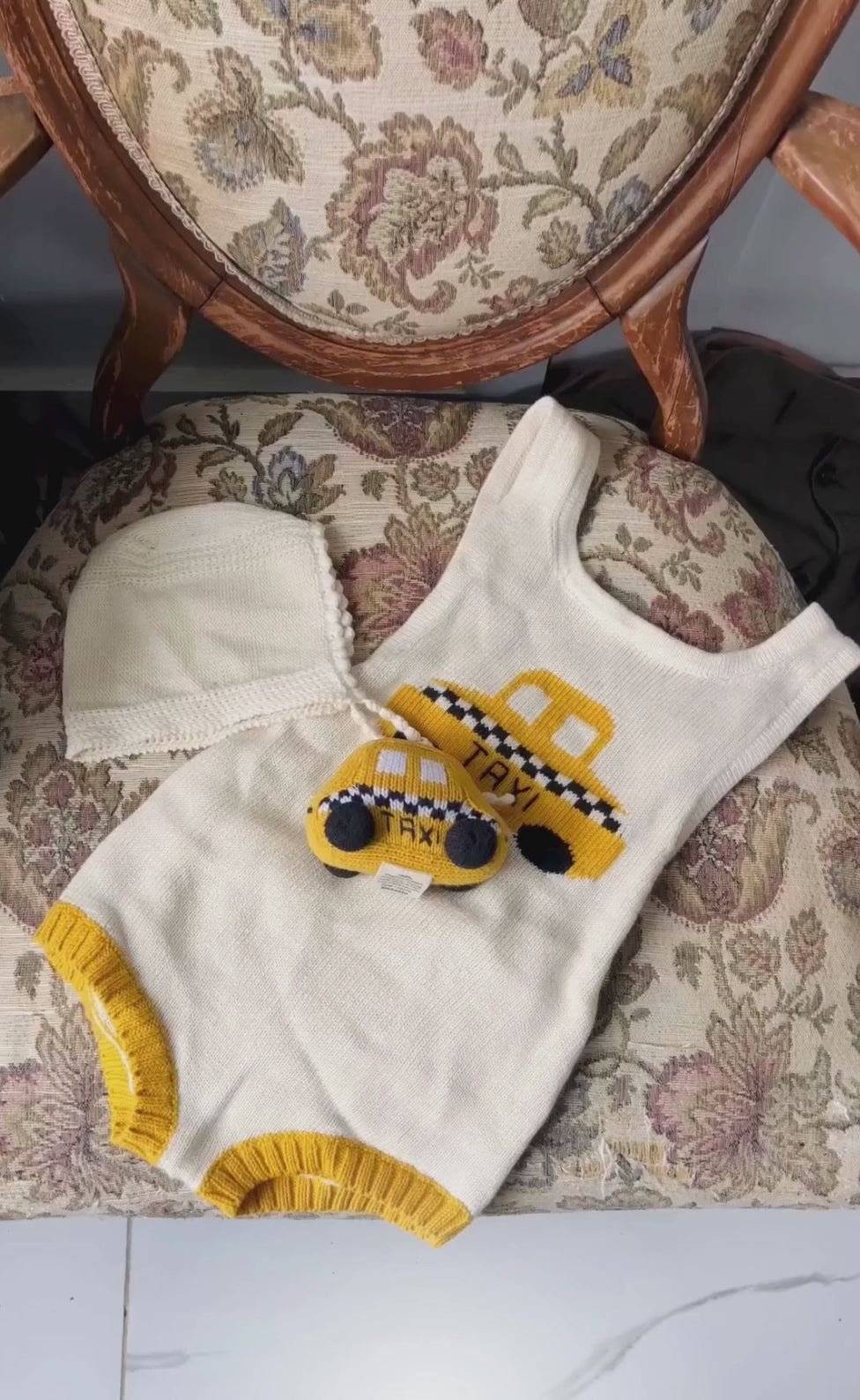 Baby Gift Set Knit Newborn Romper, Bonnet Hat & Taxi Rattle