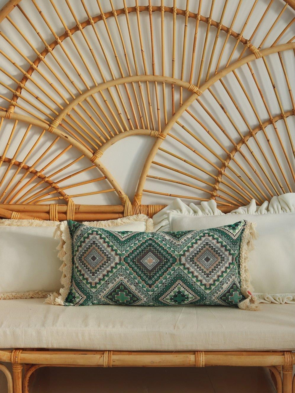 Bolster Pillow "Sea Green Mosaic" with Fringe - Sumiye Co