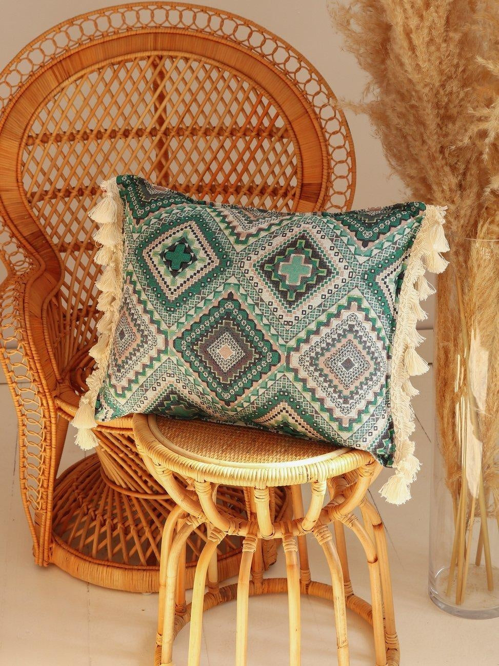 Throw Pillow "Sea Green Mosaic" with Fringe - Sumiye Co