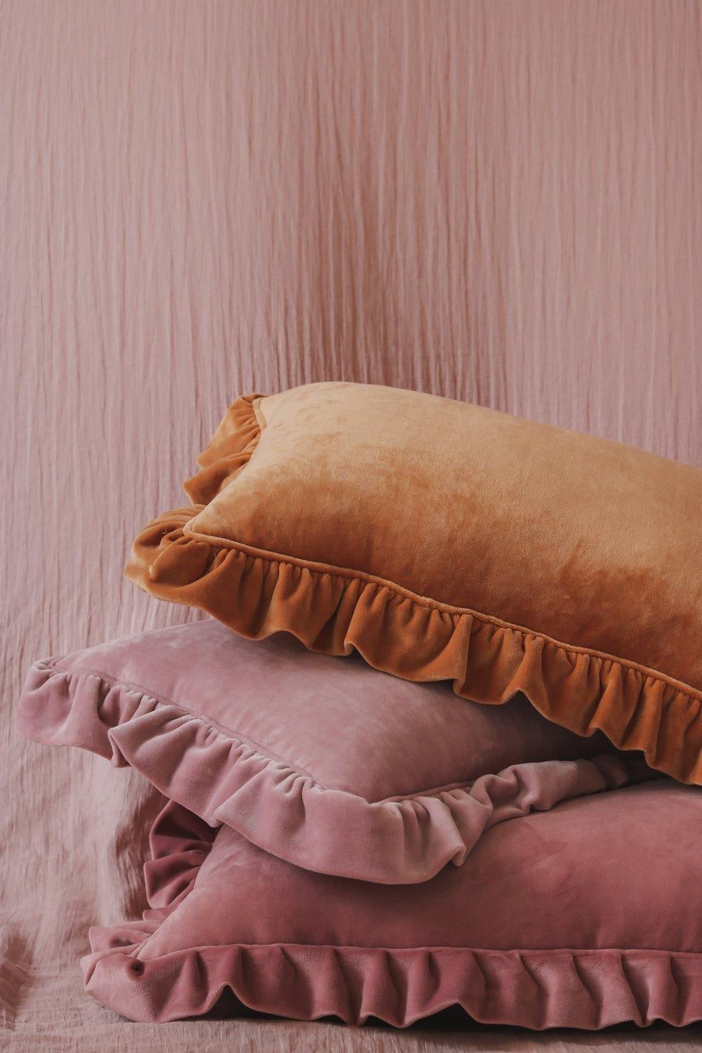 Pillow with Frill “Caramel” Soft Velvet | Kids Room & Nursery Decor - Sumiye Co