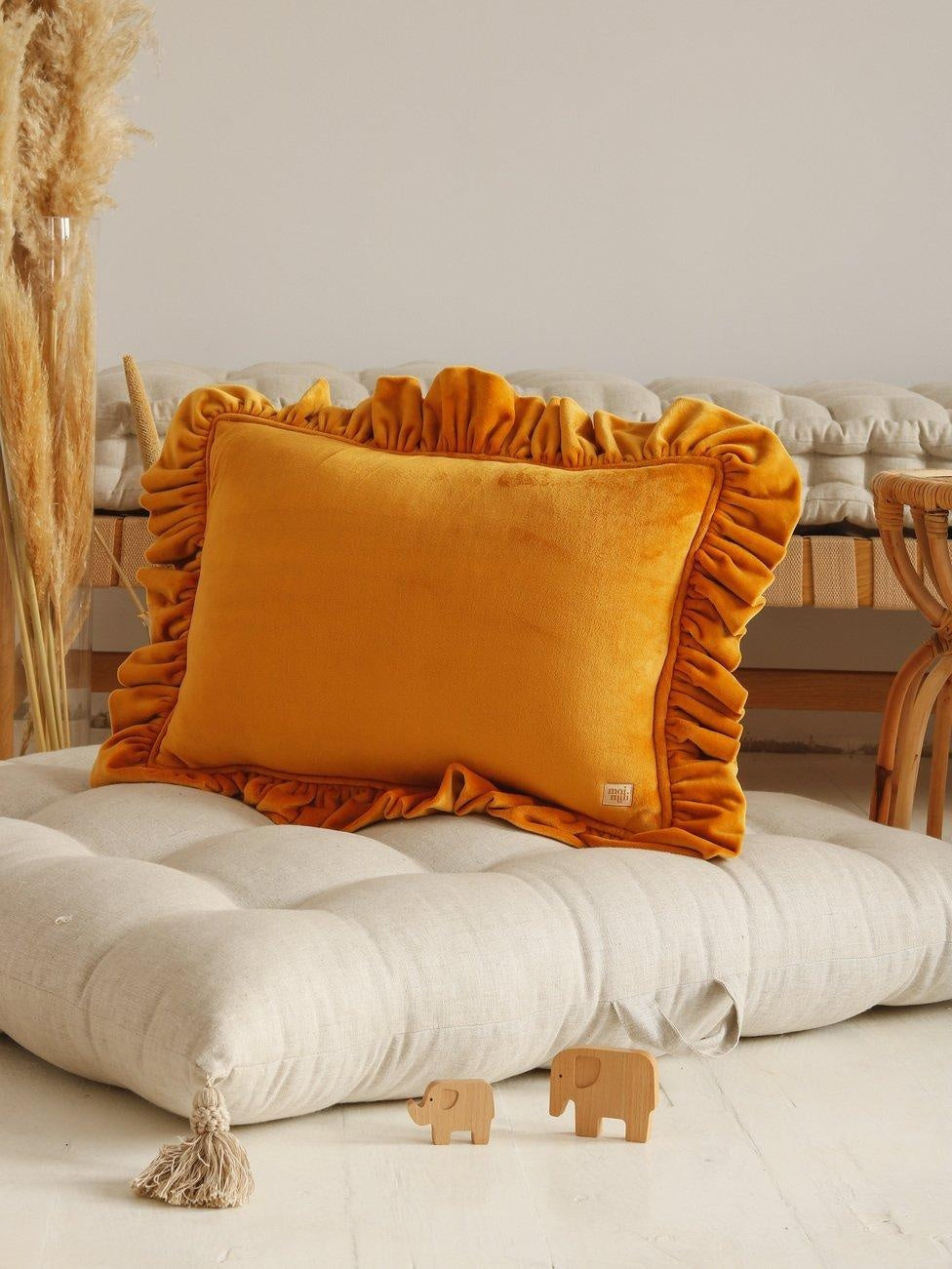Pillow with Frill “Mustard” Soft Velvet | Kids Room & Nursery Decor
