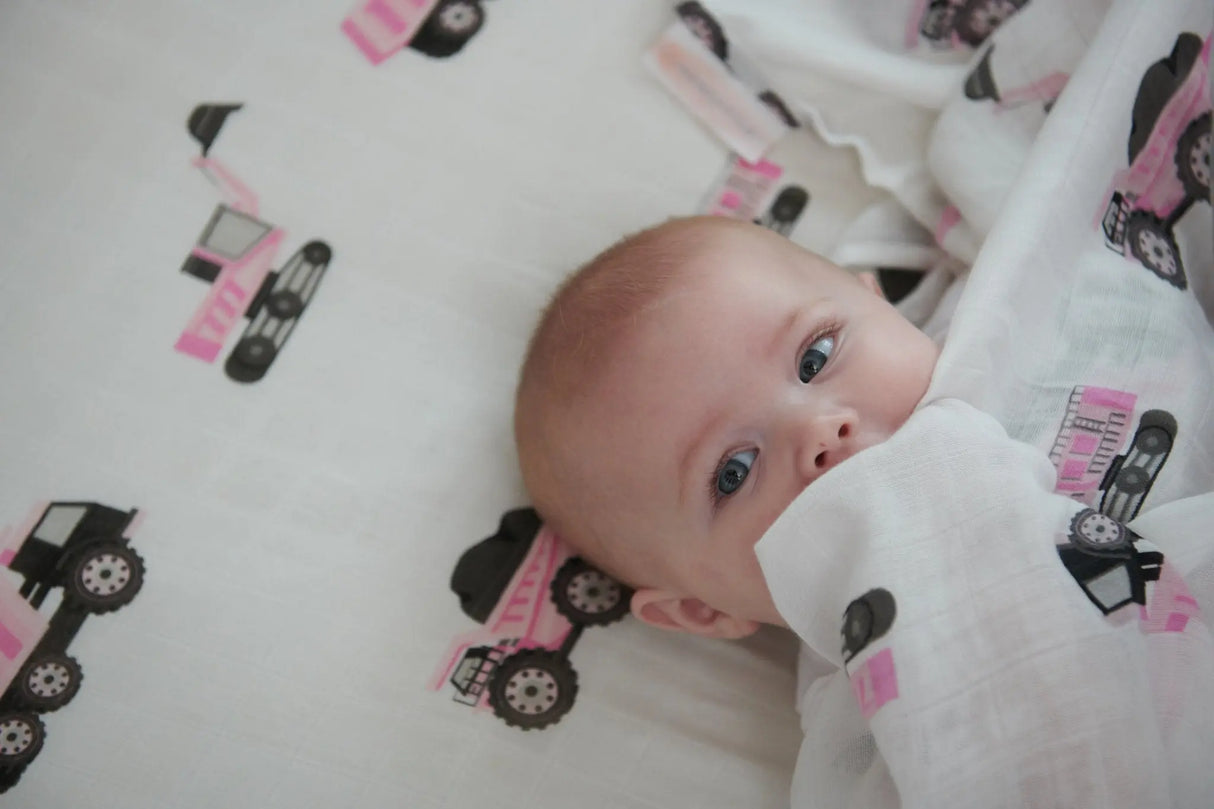 Crib Sheet | Bamboo Muslin - Pink Digger Newcastle Classics