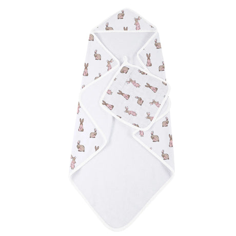 Hooded Towel & Washcloth Set | Bamboo Muslin - Pink Bunnies Newcastle Classics