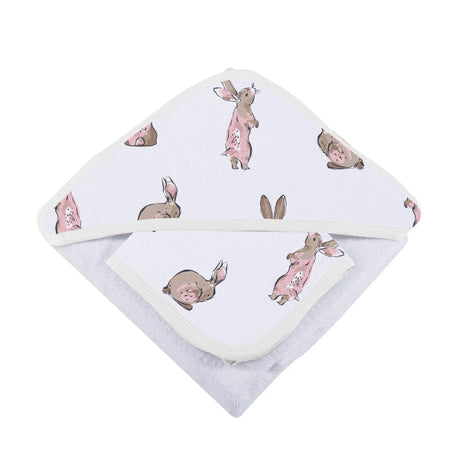 Hooded Towel & Washcloth Set | Bamboo Muslin - Pink Bunnies Newcastle Classics