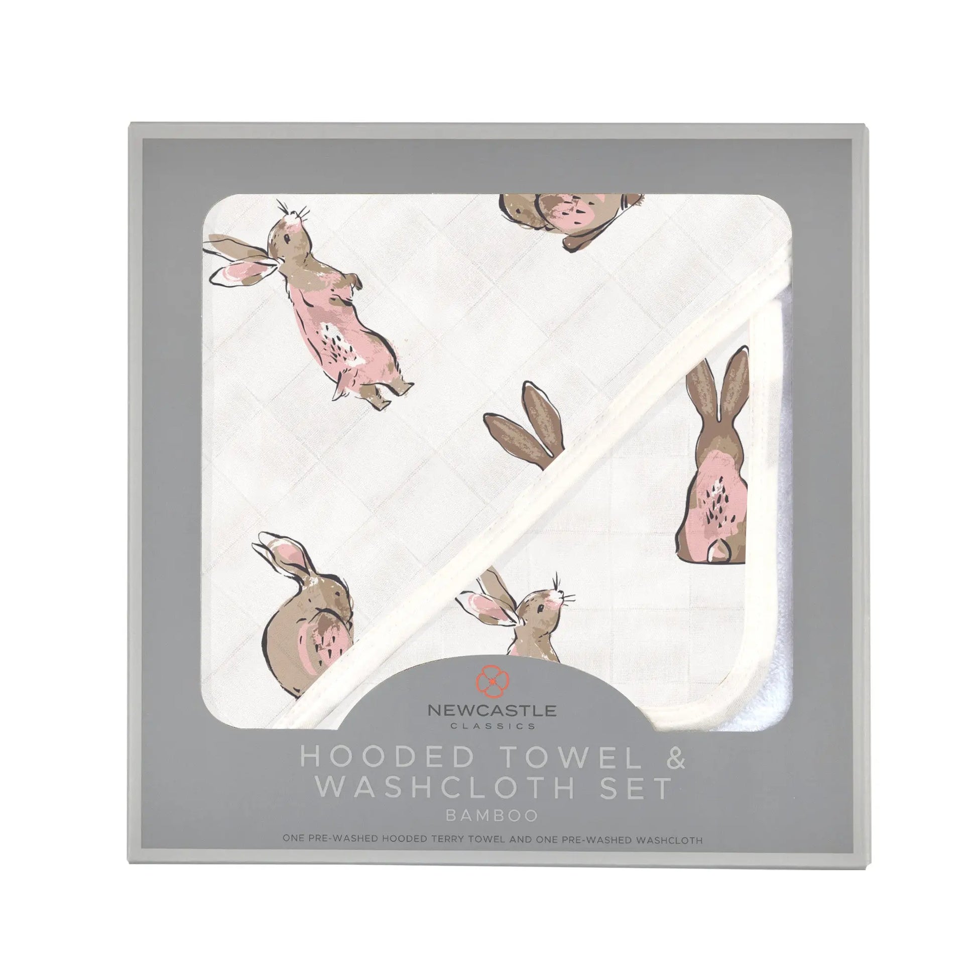 Hooded Towel & Washcloth Set | Bamboo Muslin - Pink Bunnies Newcastle Classics