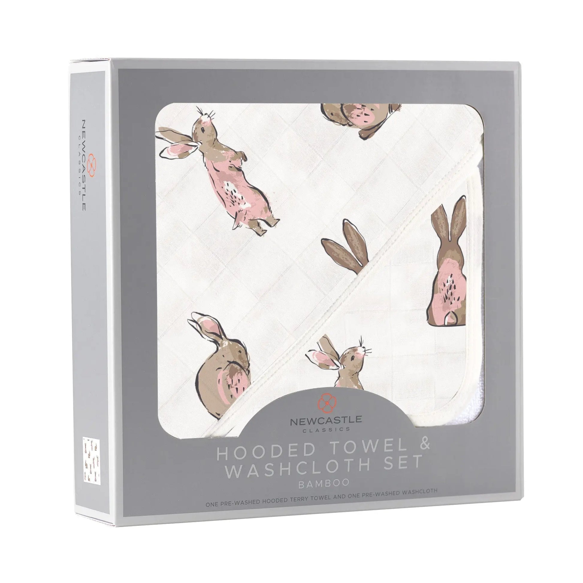 Hooded Towel & Washcloth Set | Bamboo Muslin - Pink Bunnies Newcastle Classics